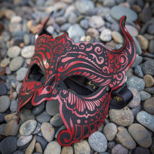 Liquid Nymph handmade midnight black and red leather Devil masquerade mask – laser-etched detail close-up