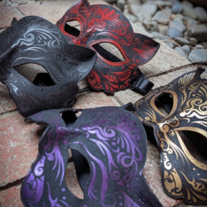 Liquid Nymph handmade midnight purple red black leather tiara masquerade mask – laser-etched crown detail close-up