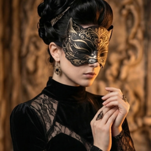 Liquid Nymph handmade gold leather kitty masquerade mask – laser-etched ear detail close-up